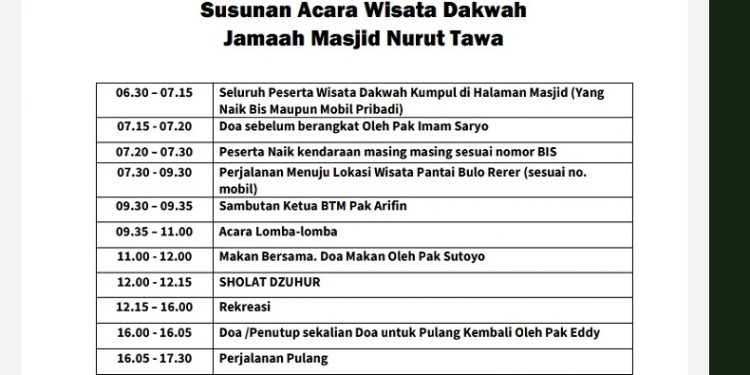 Ingat! Berikut Susunan Acara Wisata Dakwah ke Pantai Bulo Rerer Minahasa Besok