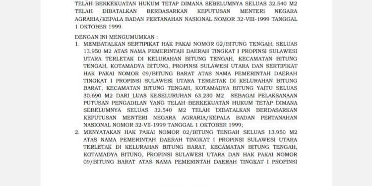 BPN Bitung Keluarkan Pengumuman Pembatalan Sertipikat Hak Pakai di Beberapa Lokasi